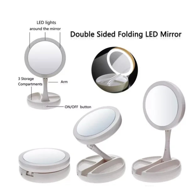 Espelho de Maquiagem Aumento 10x Luz Dupla Led Usb - Organizador