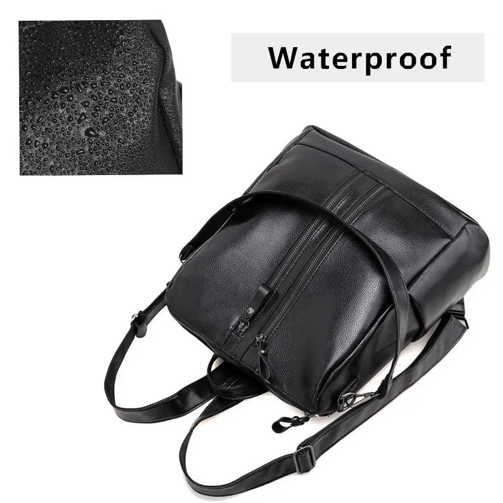 Mochila escolar de couro preta casual multifuncional