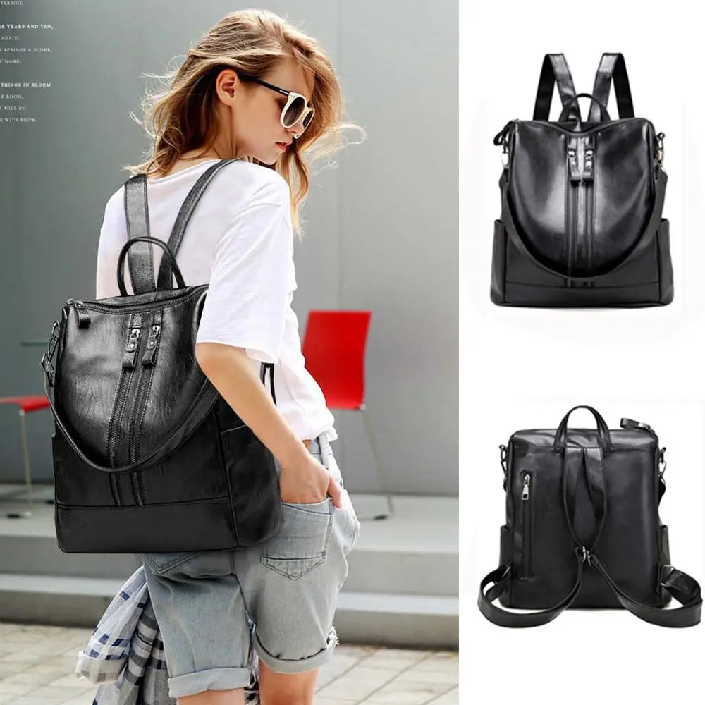 Mochila escolar de couro preta casual multifuncional