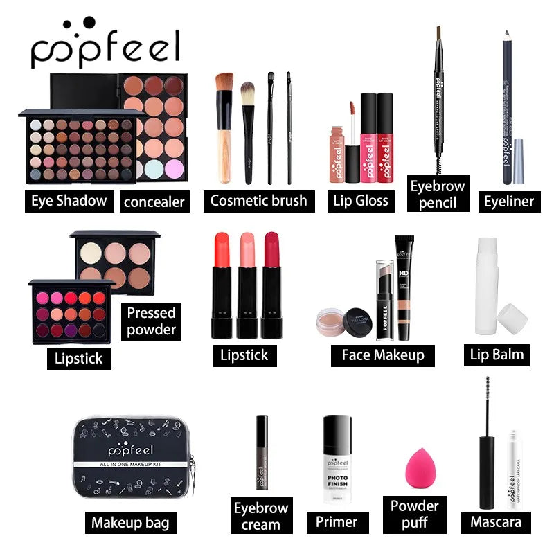 Kit completo de maquiagem para mulheres, tudo em um só lugar, incluem sobrancelha, delineador, sombra